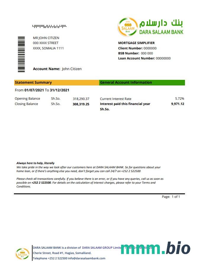 Somalia Dahabshil Bank Międzynarodowy wyciąg bankowy słowo i szablon PDF